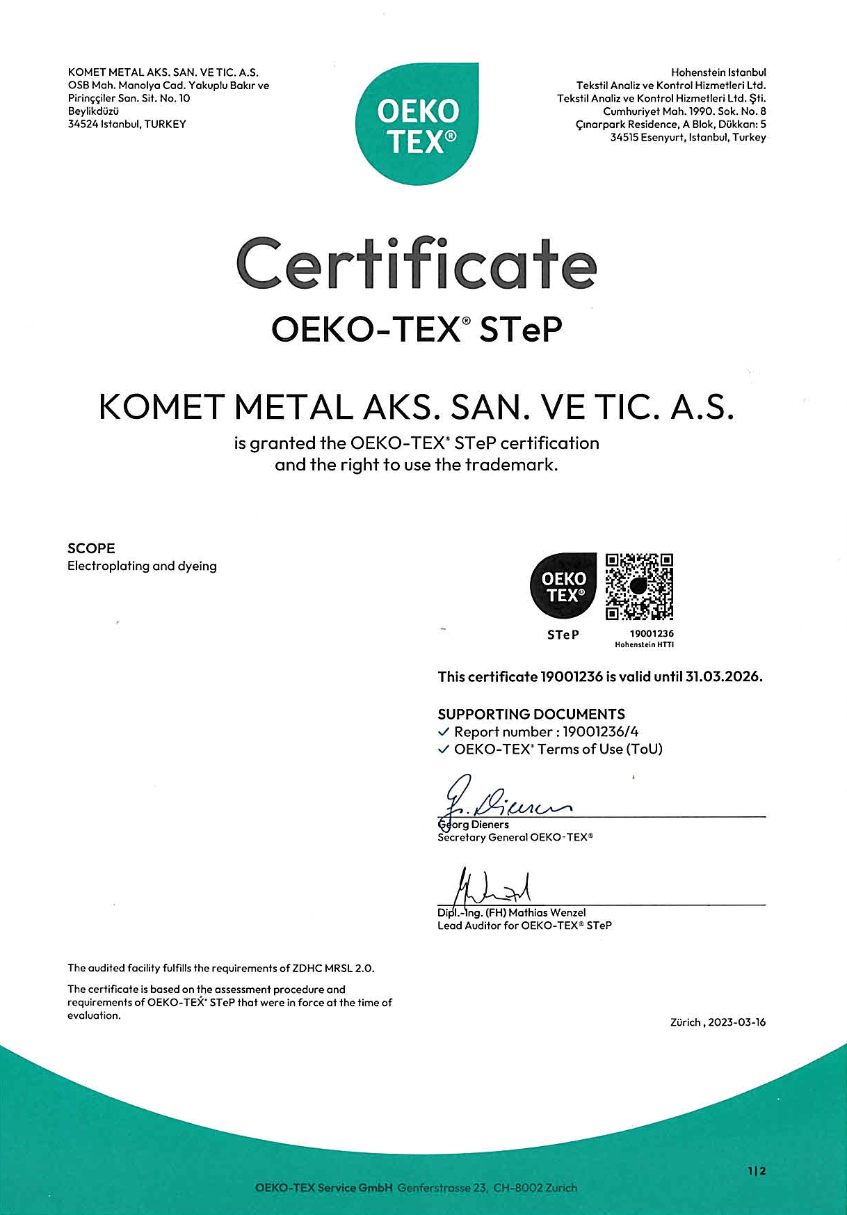 Certifications Komet Metal Aksesuar